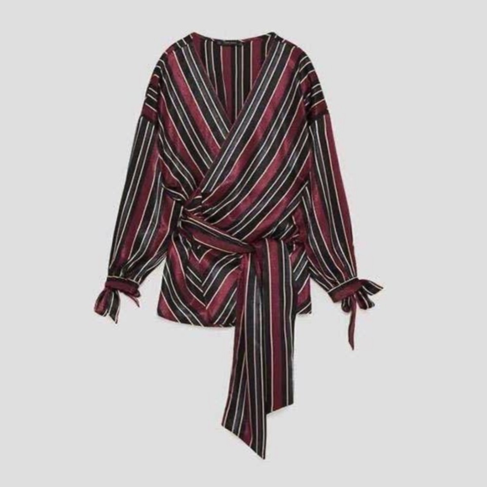 Zara Silky Red and Black Striped Wrap Blouse